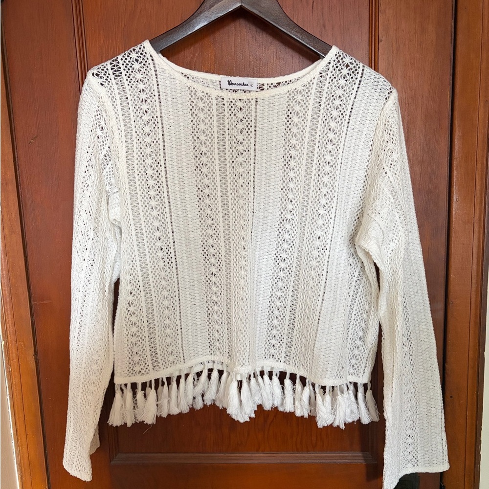 Vernacular White Crochet Fringe Top